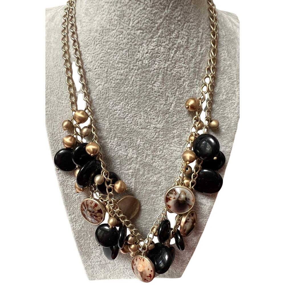 Talbots Layered Bead Necklace Black Disc Gold Tone Shell